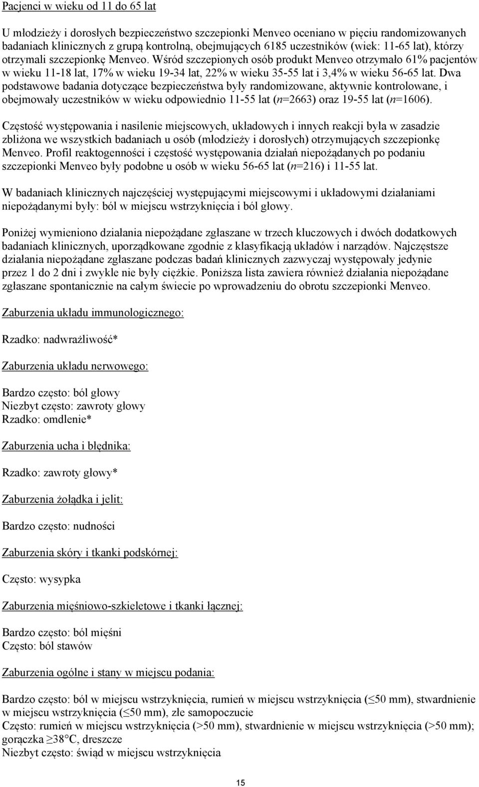 Wśród szczepionych osób produkt Menveo otrzymało 61% pacjentów w wieku 11-18 lat, 17% w wieku 19-34 lat, 22% w wieku 35-55 lat i 3,4% w wieku 56-65 lat.