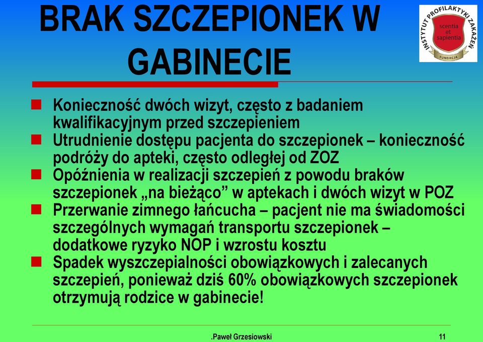 wizyt w POZ Przerwanie zimnego łańcucha pacjent nie ma świadomości szczególnych wymagań transportu szczepionek dodatkowe ryzyko NOP i wzrostu kosztu