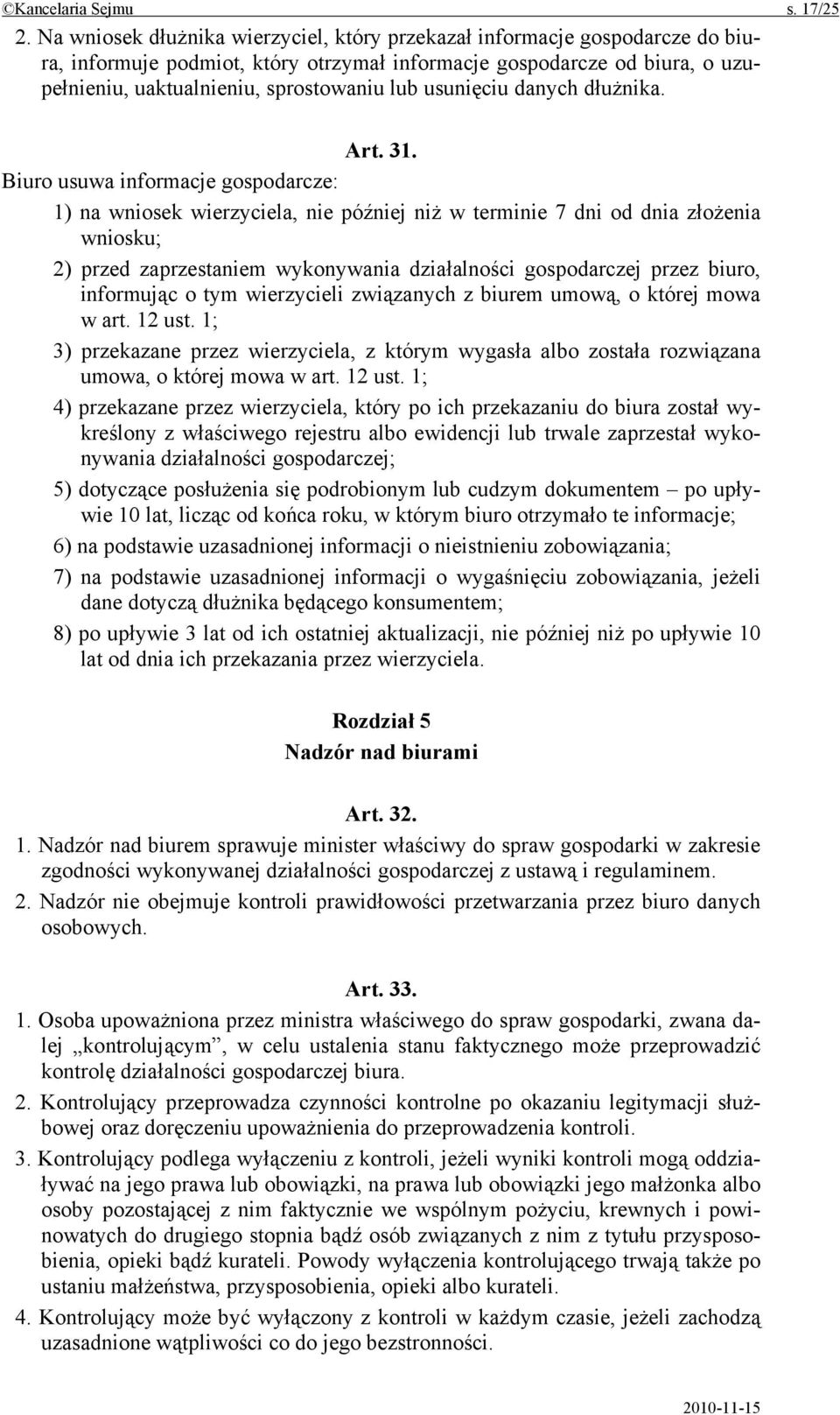 usunięciu danych dłużnika. Art. 31.