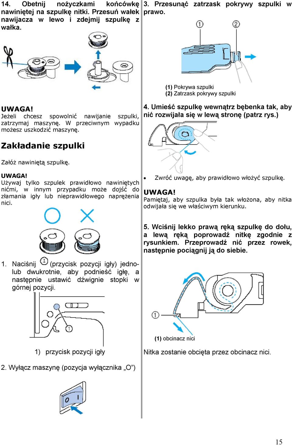 Używaj tylko szpulek prawidłowo nawiniętych nićmi, w innym przypadku może dojść do złamania igły lub nieprawidłowego naprężenia nici. (1) Pokrywa szpulki (2) Zatrzask pokrywy szpulki 4.