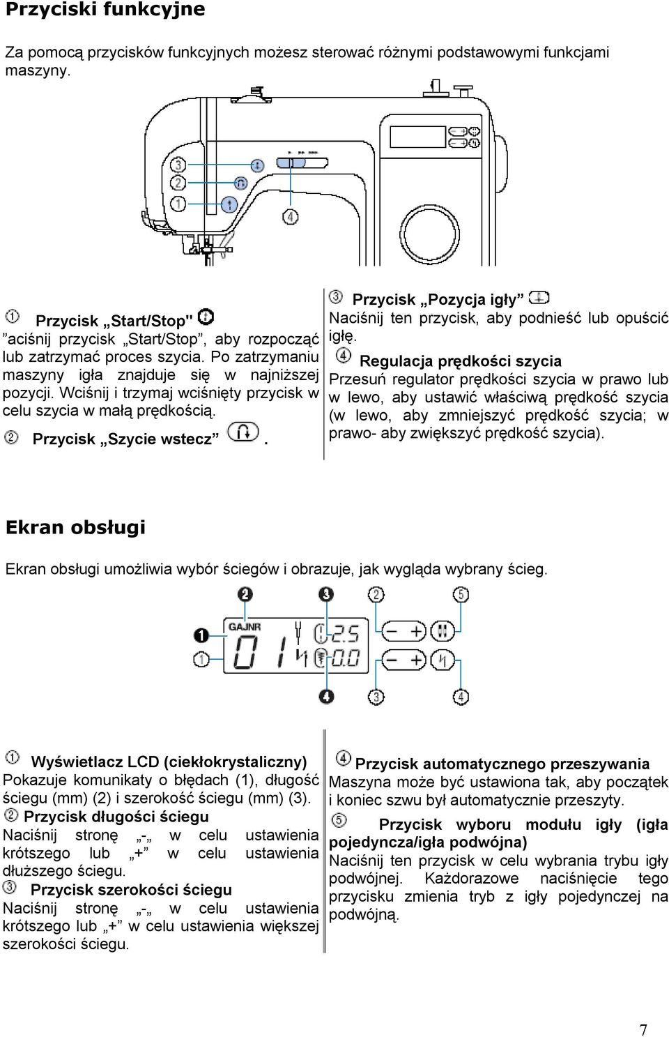 Wciśnij i trzymaj wciśnięty przycisk w celu szycia w małą prędkością. Przycisk Szycie wstecz. Przycisk Pozycja igły Naciśnij ten przycisk, aby podnieść lub opuścić igłę.