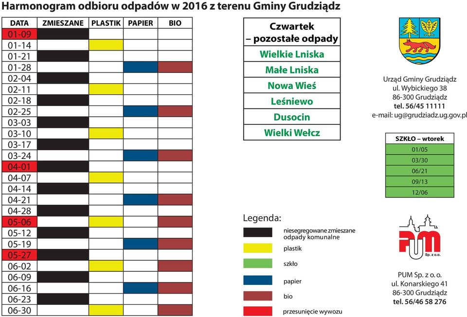 Wieś Leśniewo Dusocin Wielki Wełcz Legenda: niesegregowane zmieszane odpady komunalne plastik szkło papier bio przesunięcie wywozu Urząd Gminy Grudziądz ul.