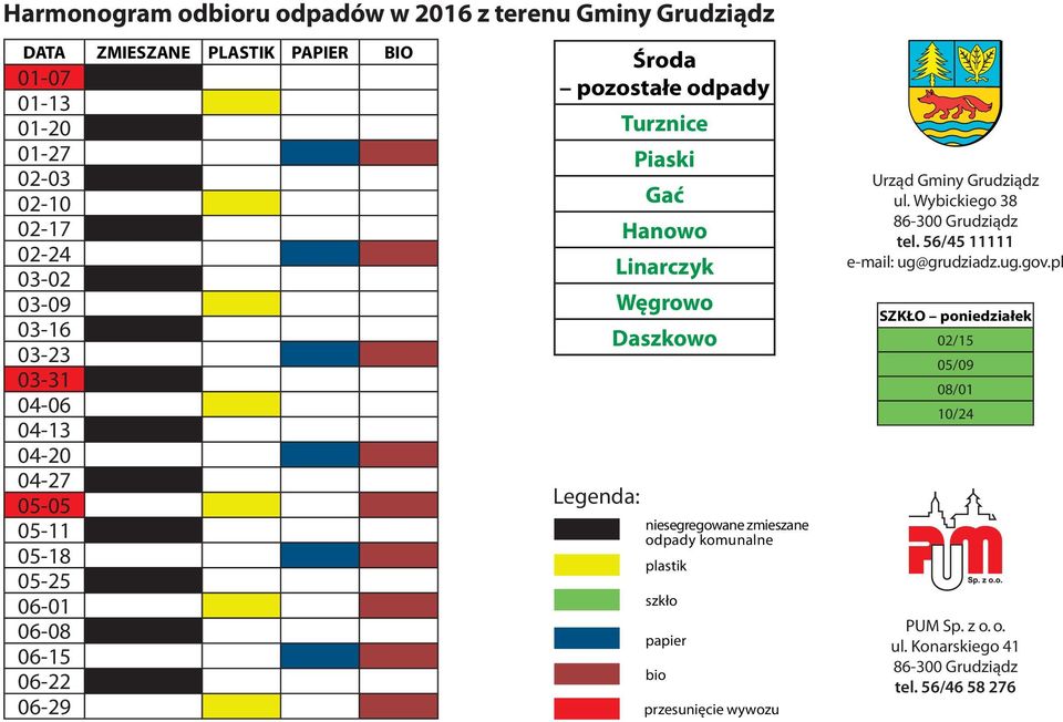 Hanowo Linarczyk Daszkowo Legenda: niesegregowane zmieszane odpady komunalne plastik szkło papier bio przesunięcie wywozu Urząd Gminy Grudziądz ul.