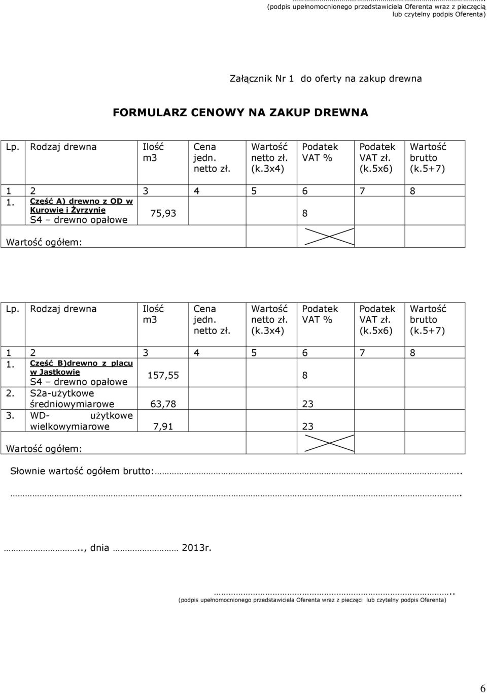 Część A) drewno z OD w Kurowie i śyrzynie S4 drewno opałowe 75,93 8 Wartość ogółem: Lp.  Część B)drewno z placu w Jastkowie S4 drewno opałowe 157,55 8 2. S2a-uŜytkowe średniowymiarowe 63,78 23 3.