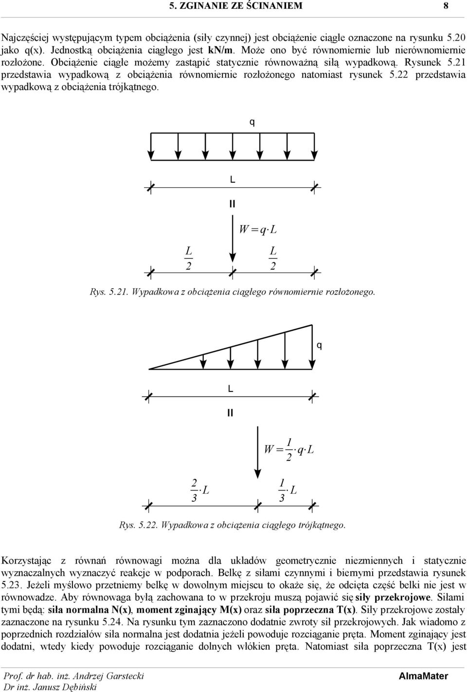 1 przedstawia wypadkową z obciążenia równomiernie rozłożonego natomiast rysunek 5. przedstawia wypadkową z obciążenia trójkątnego. q = L W =q L L L Rys. 5.1. Wypadkowa z obciążenia ciągłego równomiernie rozłożonego.