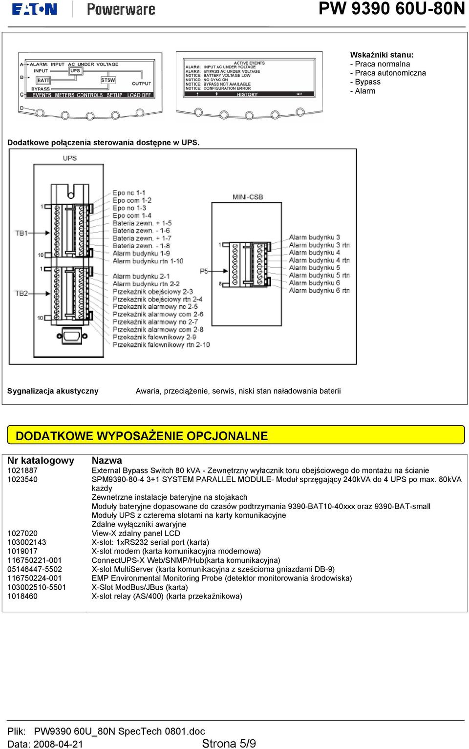 toru obejściowego do montażu na ścianie 1023540 SPM9390-80-4 3+1 SYSTEM PARALLEL MODULE- Moduł sprzęgający 240kVA do 4 UPS po max.