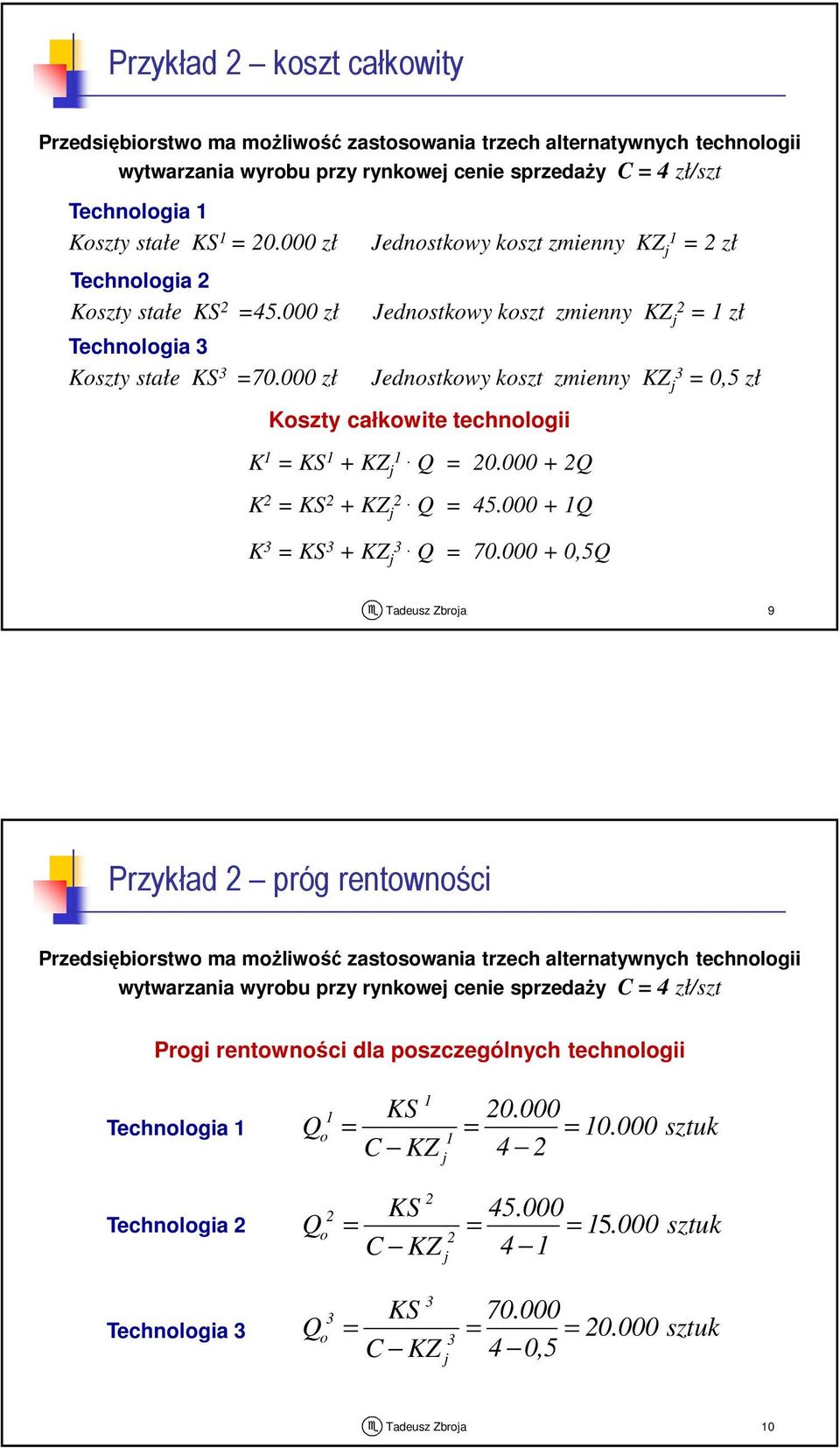 000 zł Jednostkowy koszt zmienny zł Jednostkowy koszt zmienny zł Jednostkowy koszt zmienny 3 0,5 zł oszty całkowite technologii + 0.000 + + 45.000 + 3 3 + 3 70.