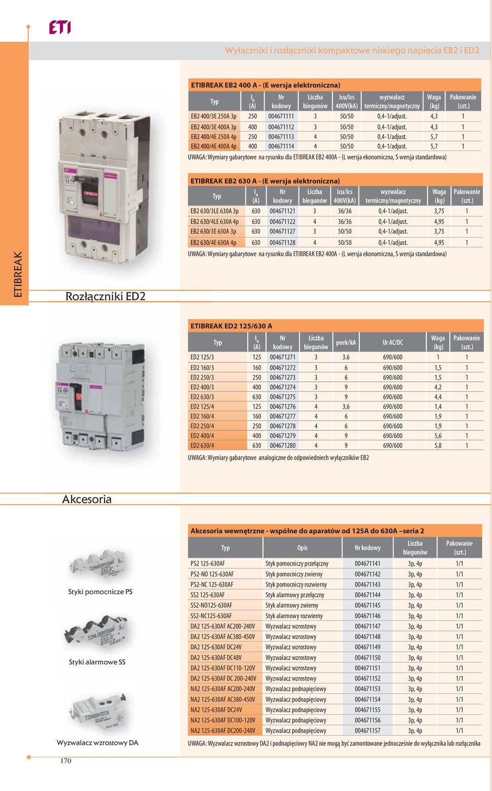 5,7 1 UWAGA: Wymiary gabarytowe na rysunku dla EB2 400A - (L wersja ekonomiczna, S wersja standardowa) Rozłączniki ED2 EB2 630 A - (E wersja elektroniczna) I N Icu/Ics wyzwalacz Pakowanie (A) kodowy