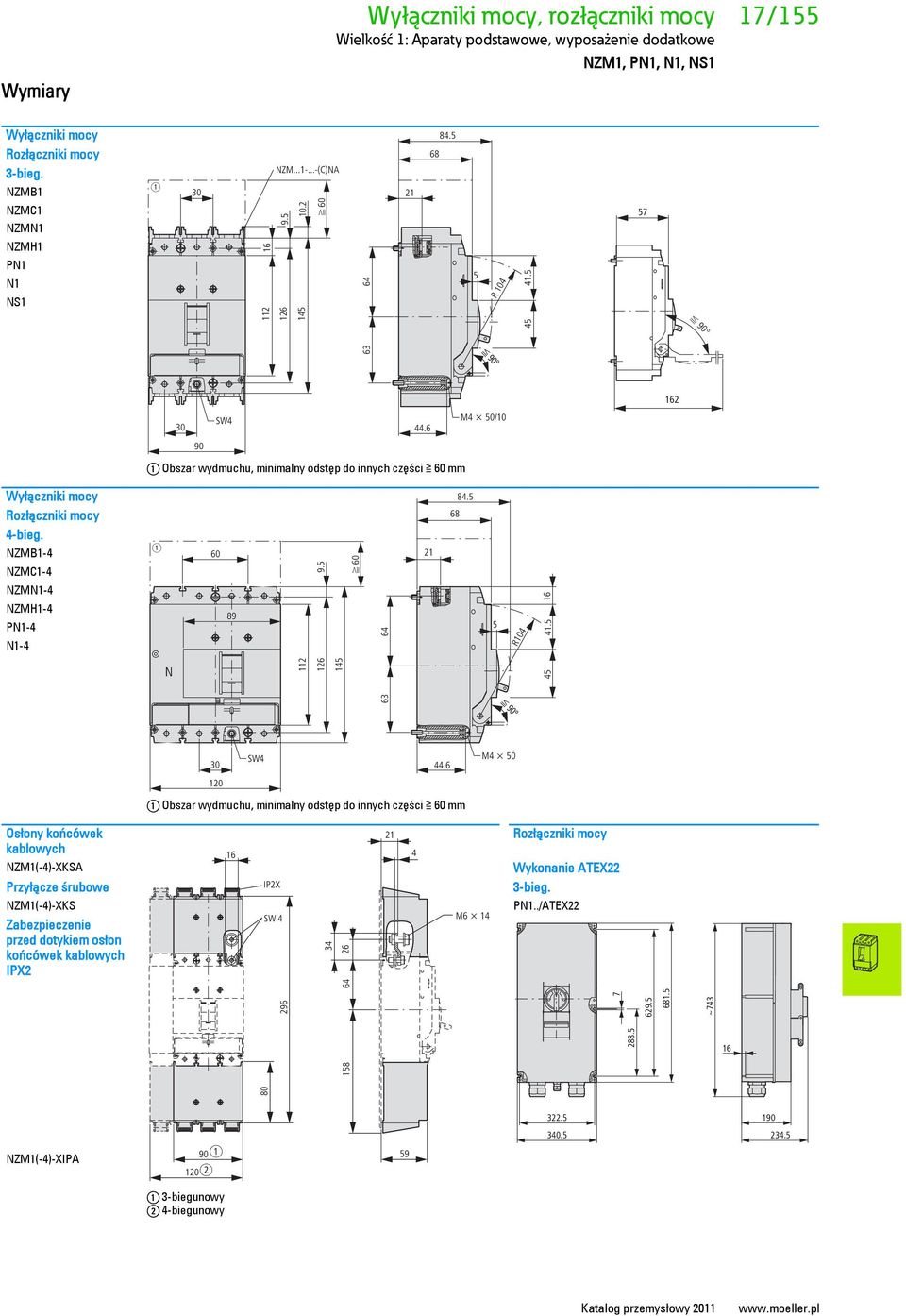 6 1 Obszr wydmuchu, minimlny odstęp do innych części 60 mm 162 Wyłączniki mocy Rozłączniki mocy 4-bieg. NZMB1-4 NZMC1-4 NZMN1-4 NZMH1-4 PN1-4 N1-4 N 60 21 89 112 126 9.5 1 f 60 63 64 68 84.
