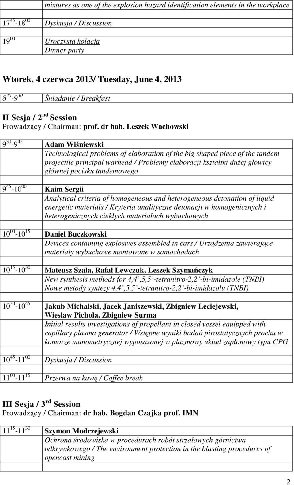 Leszek Wachowski 9 30-9 45 Adam Wiśniewski Technological problems of elaboration of the big shaped piece of the tandem projectile principal warhead / Problemy elaboracji kształtki duŝej głowicy