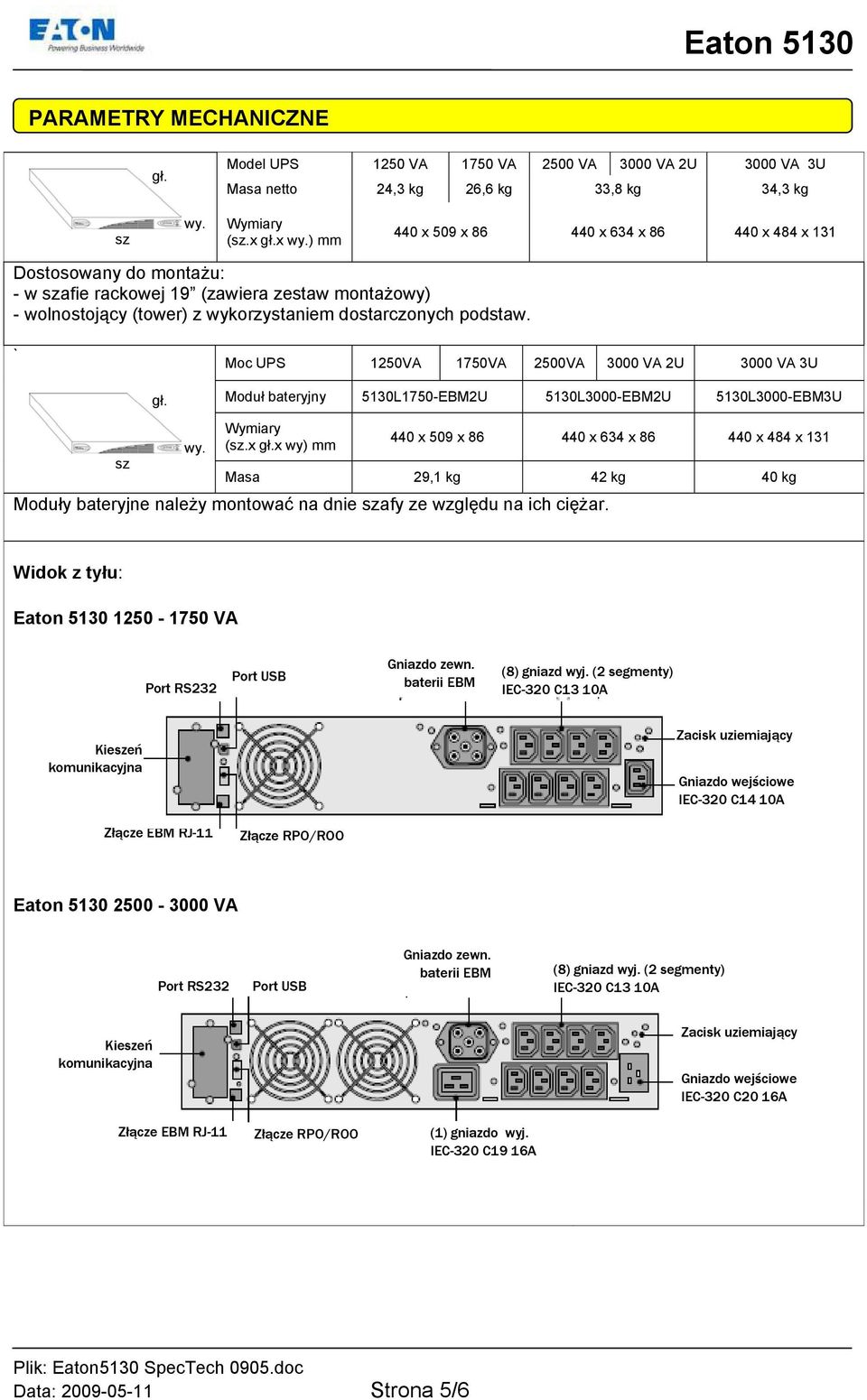 ` Moc UPS 1250VA 1750VA 2500VA 3000 VA 2U 3000 VA 3U gł. Moduł bateryjny 5130L1750-EBM2U 5130L3000-EBM2U 5130L3000-EBM3U sz wy. Wymiary (sz.x gł.