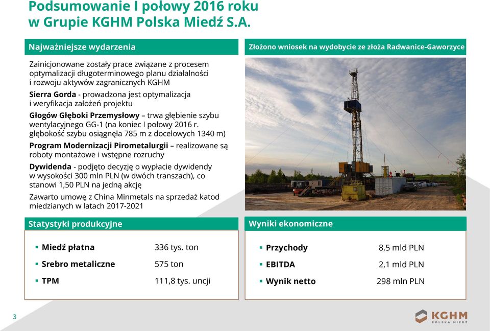 zagranicznych KGHM Sierra Gorda -prowadzona jest optymalizacja i weryfikacja założeń projektu Głogów Głęboki Przemysłowy trwa głębienie szybu wentylacyjnego GG-1 (na koniec I połowy 2016 r.