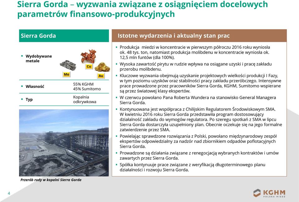 12,5 mln funtów (dla 100%). Wysoka zawartość pirytu w rudzie wpływa na osiągane uzyski i pracę zakładu przerobu molibdenu.