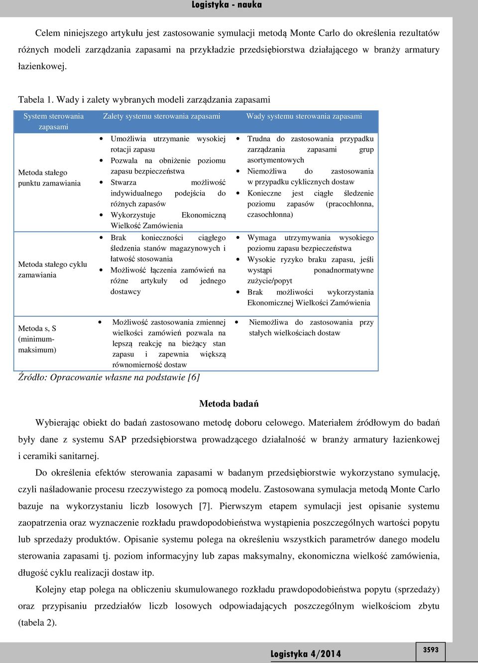 Wady i zalety wybranych modeli zarządzania zapasami System sterowania zapasami Metoda stałego punktu zamawiania Metoda stałego cyklu zamawiania Zalety systemu sterowania zapasami Umożliwia utrzymanie