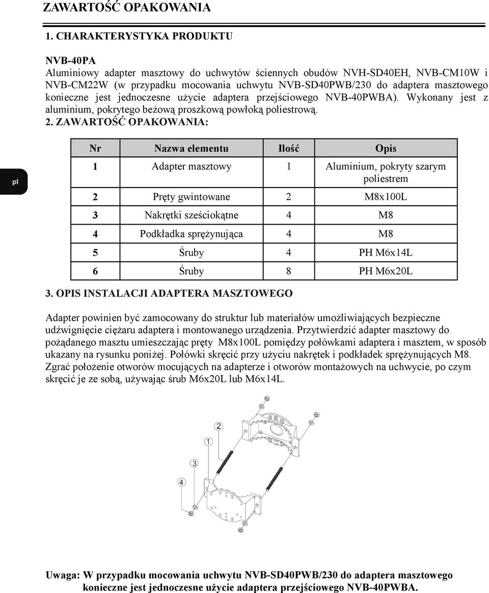 konieczne jest jednoczesne uŝycie adaptera przejściowego NVB-40PWBA). Wykonany jest z aluminium, pokrytego beŝową proszkową powłoką poliestrową. 2.