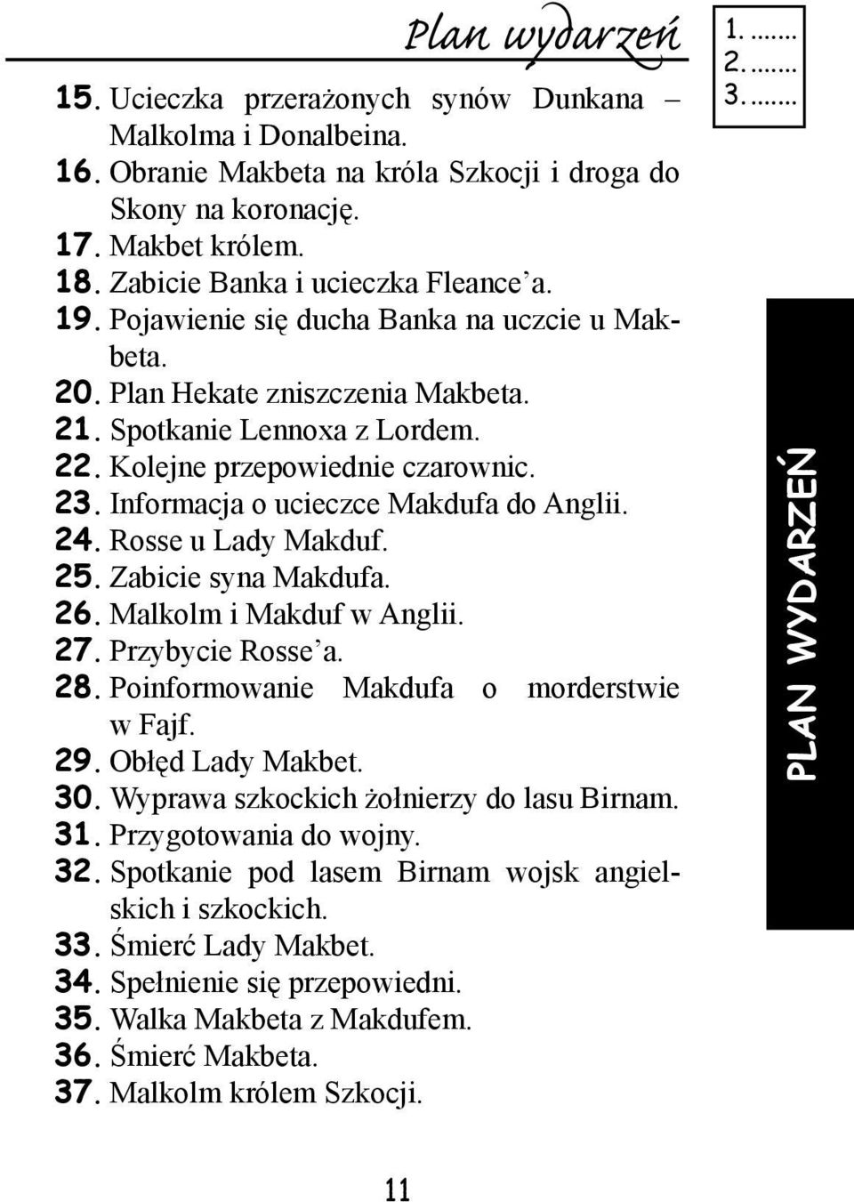 Informacja o ucieczce Makdufa do Anglii. 24. Rosse u Lady Makduf. 25. Zabicie syna Makdufa. 26. Malkolm i Makduf w Anglii. 27. Przybycie Rosse a. 28. Poinformowanie Makdufa o morderstwie w Fajf. 29.