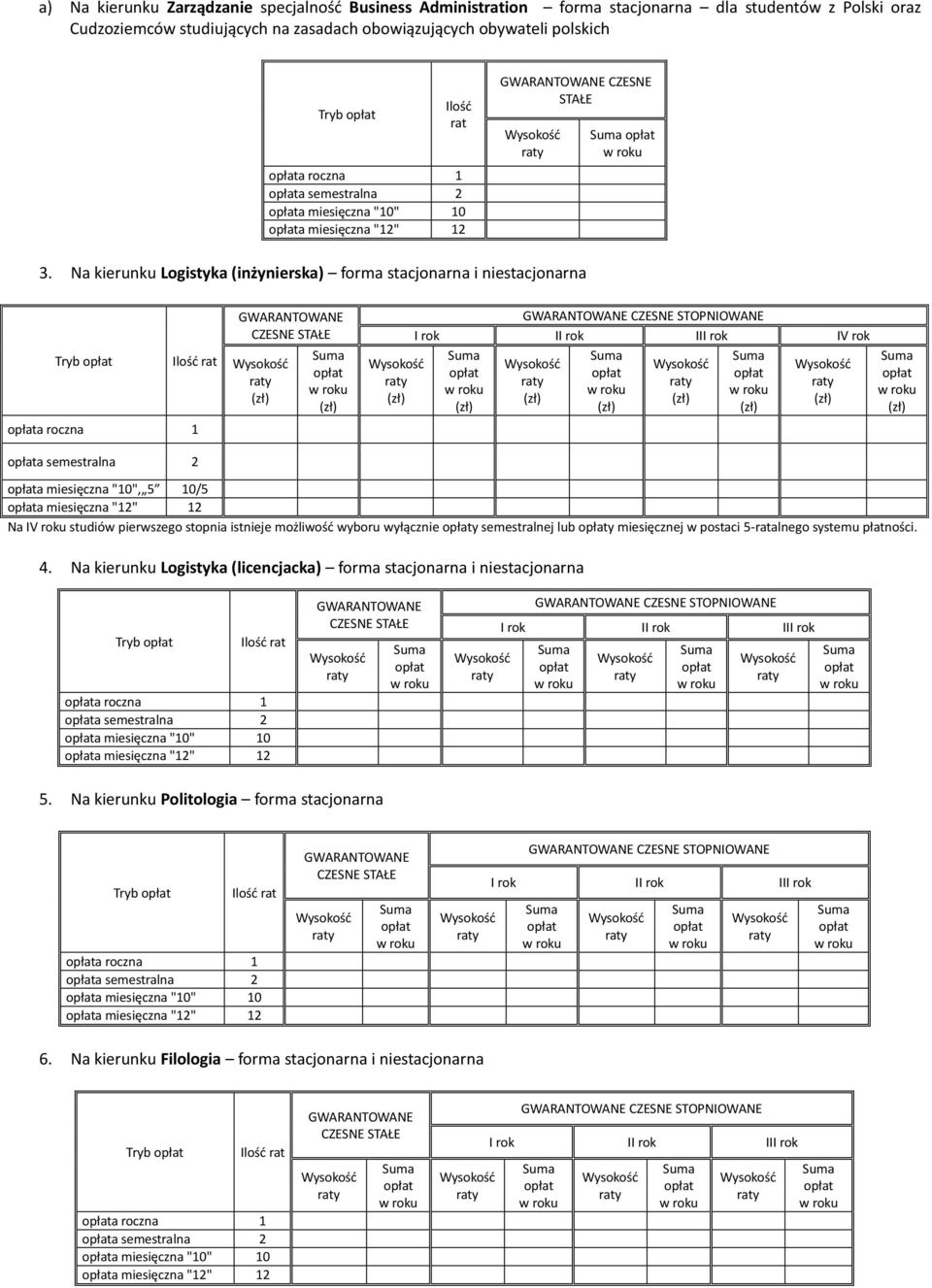 Na kierunku Logistyka (inżynierska) forma stacjonarna i niestacjonarna Tryb a roczna 1 a semestralna 2 IV rok a miesięczna "10", 5 10/5 a miesięczna "12" 12 Na IV roku studiów pierwszego stopnia
