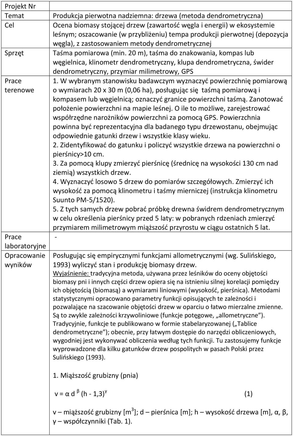 20 m), taśma do znakowania, kompas lub węgielnica, klinometr dendrometryczny, klupa dendrometryczna, świder dendrometryczny, przymiar milimetrowy, GPS 1.