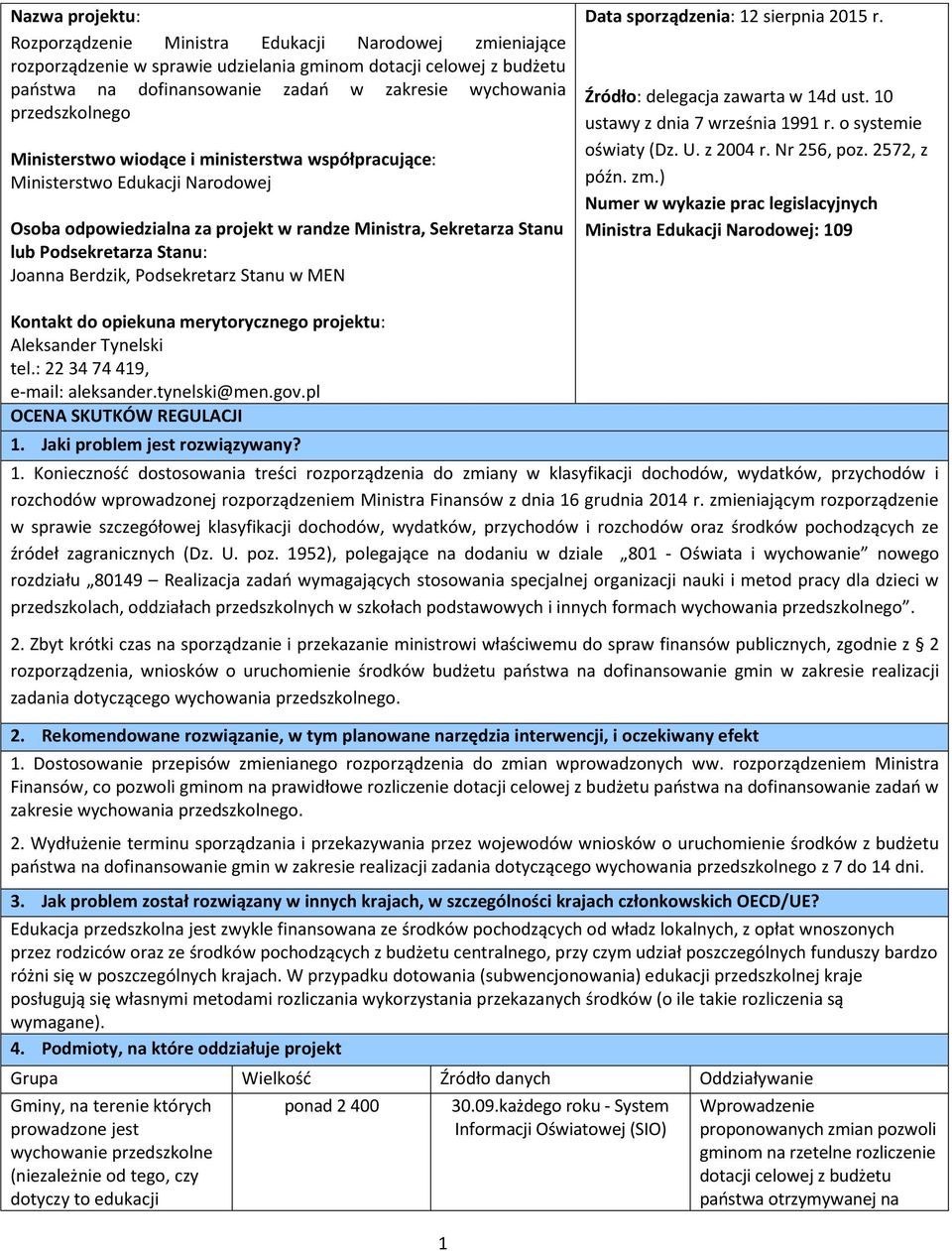 Berdzik, Podsekretarz Stanu w MEN Data sporządzenia: 12 sierpnia 2015 r. Źródło: delegacja zawarta w 14d ust. 10 ustawy z dnia 7 września 1991 r. o systemie oświaty (Dz. U. z 2004 r. Nr 256, poz.