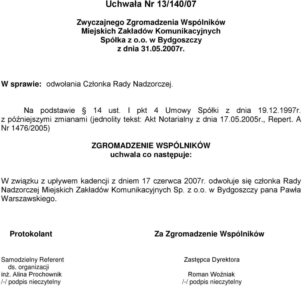 z późniejszymi zmianami (jednolity tekst: Akt Notarialny z dnia 17.05.2005r., Repert.