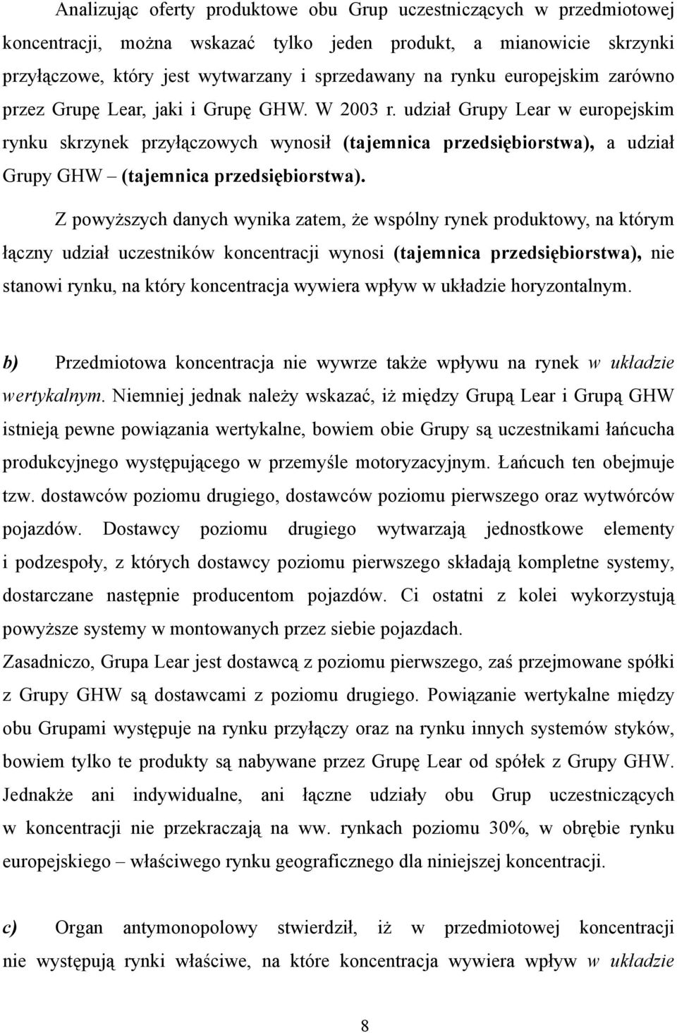 udział Grupy Lear w europejskim rynku skrzynek przyłączowych wynosił (tajemnica przedsiębiorstwa), a udział Grupy GHW (tajemnica przedsiębiorstwa).