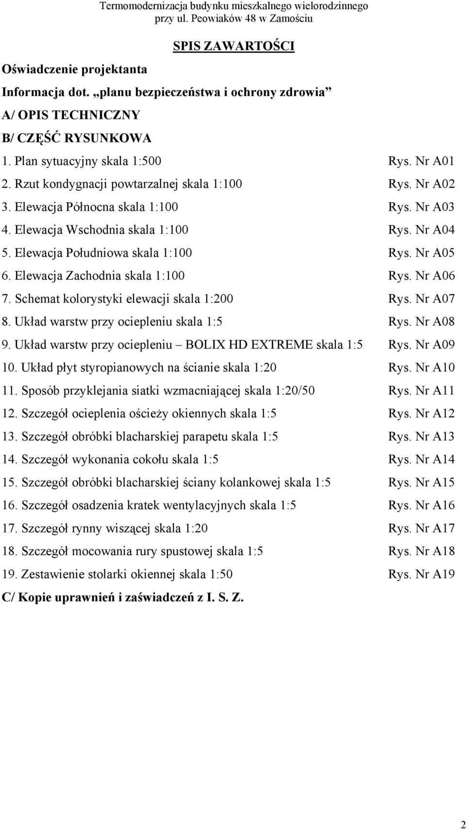 Elewacja Północna skala 1:100 Rys. Nr A03 4. Elewacja Wschodnia skala 1:100 Rys. Nr A04 5. Elewacja Południowa skala 1:100 Rys. Nr A05 6. Elewacja Zachodnia skala 1:100 Rys. Nr A06 7.