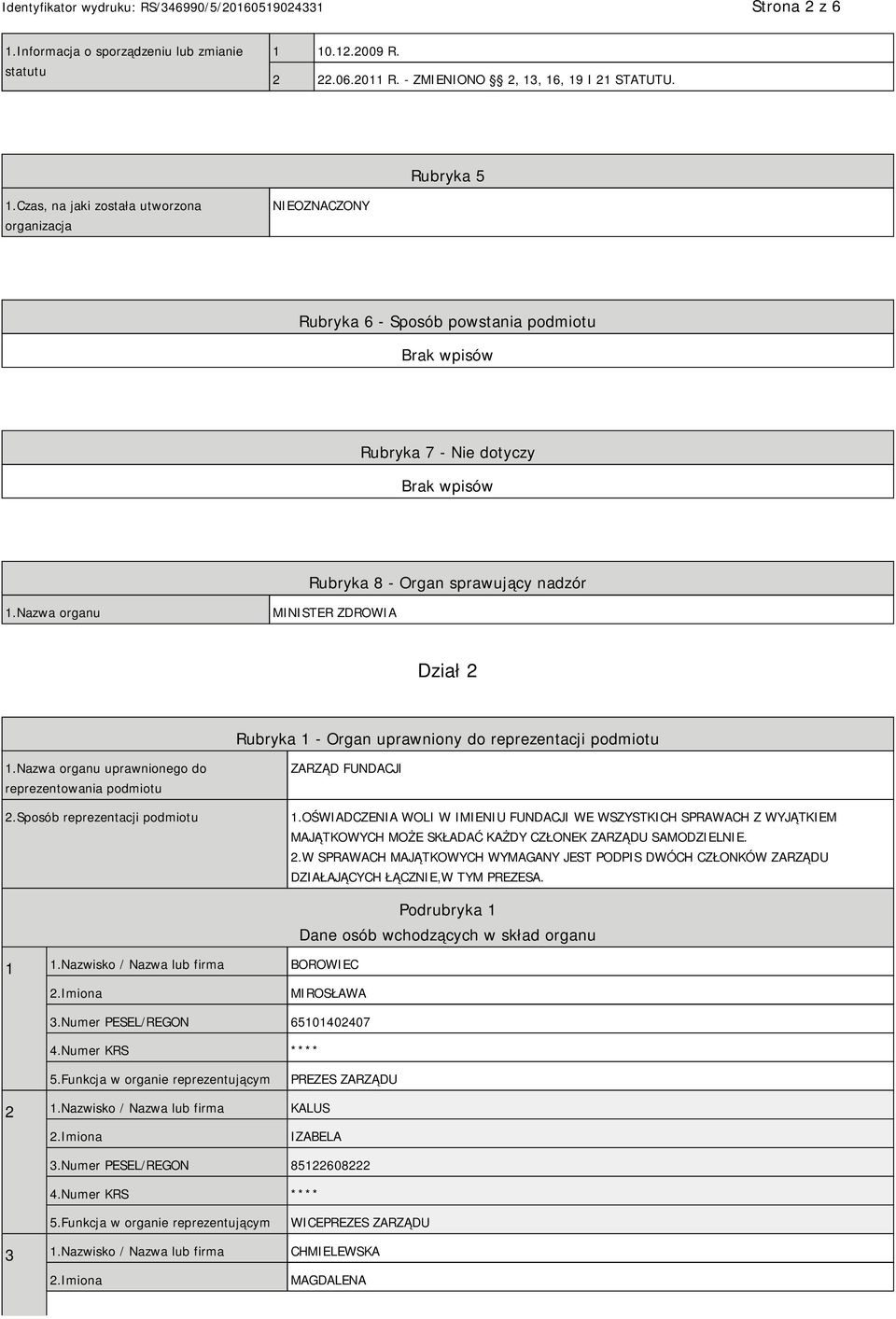 Nazwa organu MINISTER ZDROWIA Dział 2 Rubryka 1 - Organ uprawniony do reprezentacji podmiotu 1.Nazwa organu uprawnionego do reprezentowania podmiotu 2.Sposób reprezentacji podmiotu ZARZĄD FUNDACJI 1.