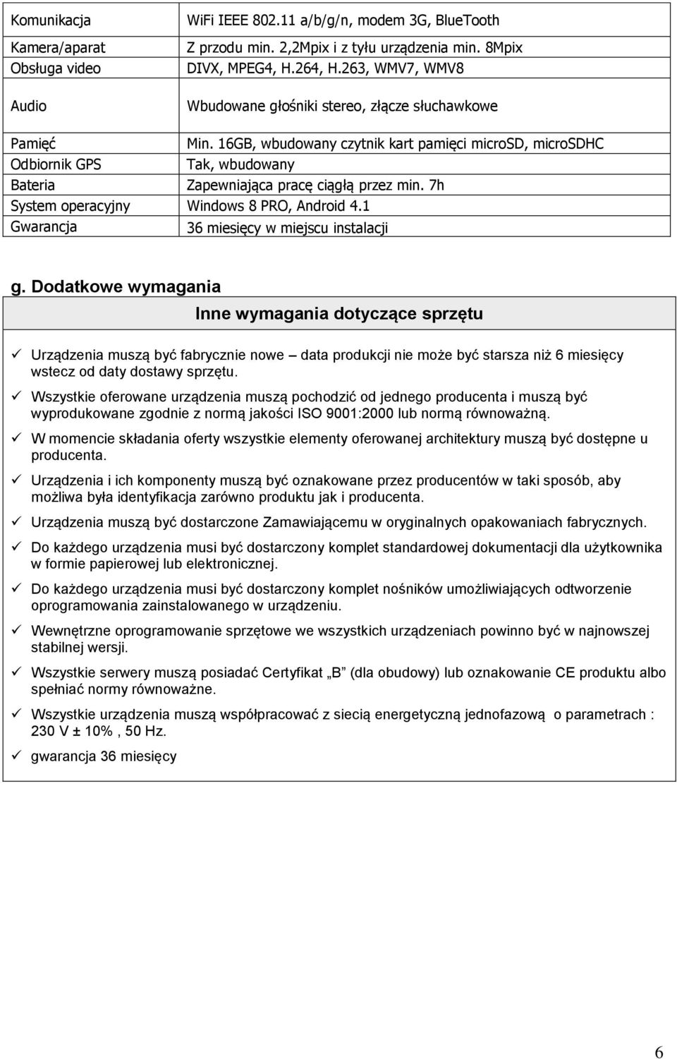 16GB, wbudowany czytnik kart pamięci microsd, microsdhc Odbiornik GPS Tak, wbudowany Bateria Zapewniająca pracę ciągłą przez min. 7h System operacyjny Windows 8 PRO, Android 4.