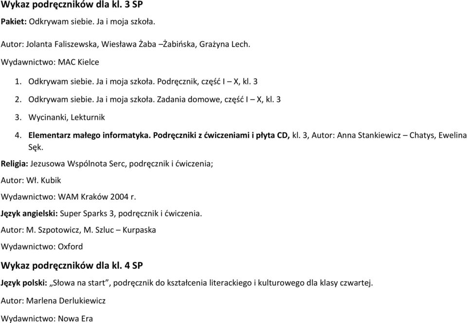 3, Autor: Anna Stankiewicz Chatys, Ewelina Sęk. Religia: Jezusowa Wspólnota Serc, podręcznik i ćwiczenia; Autor: Wł. Kubik Wydawnictwo: WAM Kraków 2004 r.