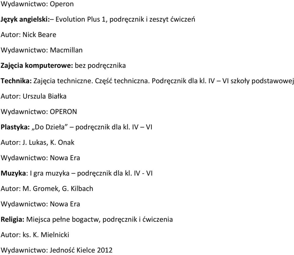 IV VI szkoły podstawowej Autor: Urszula Białka Wydawnictwo: OPERON Plastyka: Do Dzieła podręcznik dla kl. IV VI Autor: J. Lukas, K.