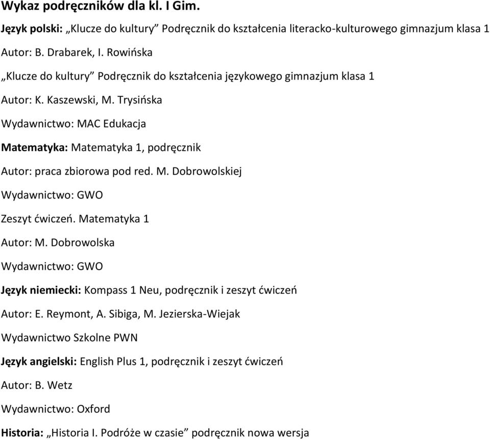 Trysińska Wydawnictwo: MAC Edukacja Matematyka: Matematyka 1, podręcznik Autor: praca zbiorowa pod red. M. Dobrowolskiej Zeszyt ćwiczeń. Matematyka 1 Autor: M.