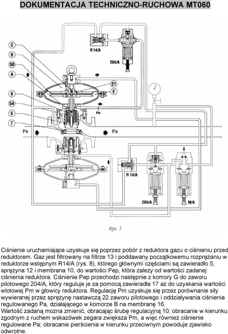 8), którego głównymi częściami są zawieradło 5, sprężyna 12 i membrana 10, do wartości Pep, która zależy od wartości zadanej ciśnienia reduktora.