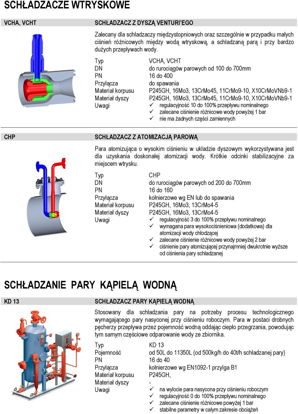 VCHA, VCHT do rurociągów parowych od 100 do 700mm PN 16 do 400 do spawania Materiał korpusu P245GH, 16Mo3, 13CrMo45, 11CrMo9-10, X10CrMoVNb9-1 Materiał dyszy SCHŁADZACZ Z ATOMIZACJĄ PAROWĄ P245GH,