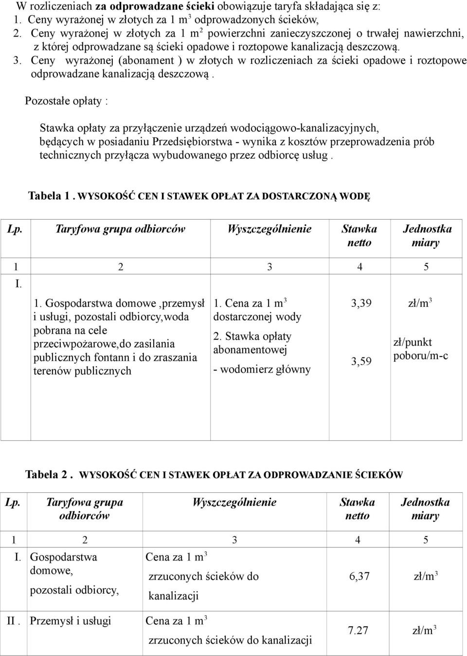 Ceny wyrażonej (abonament ) w złotych w rozliczeniach za ścieki opadowe i roztopowe odprowadzane kanalizacją deszczową.