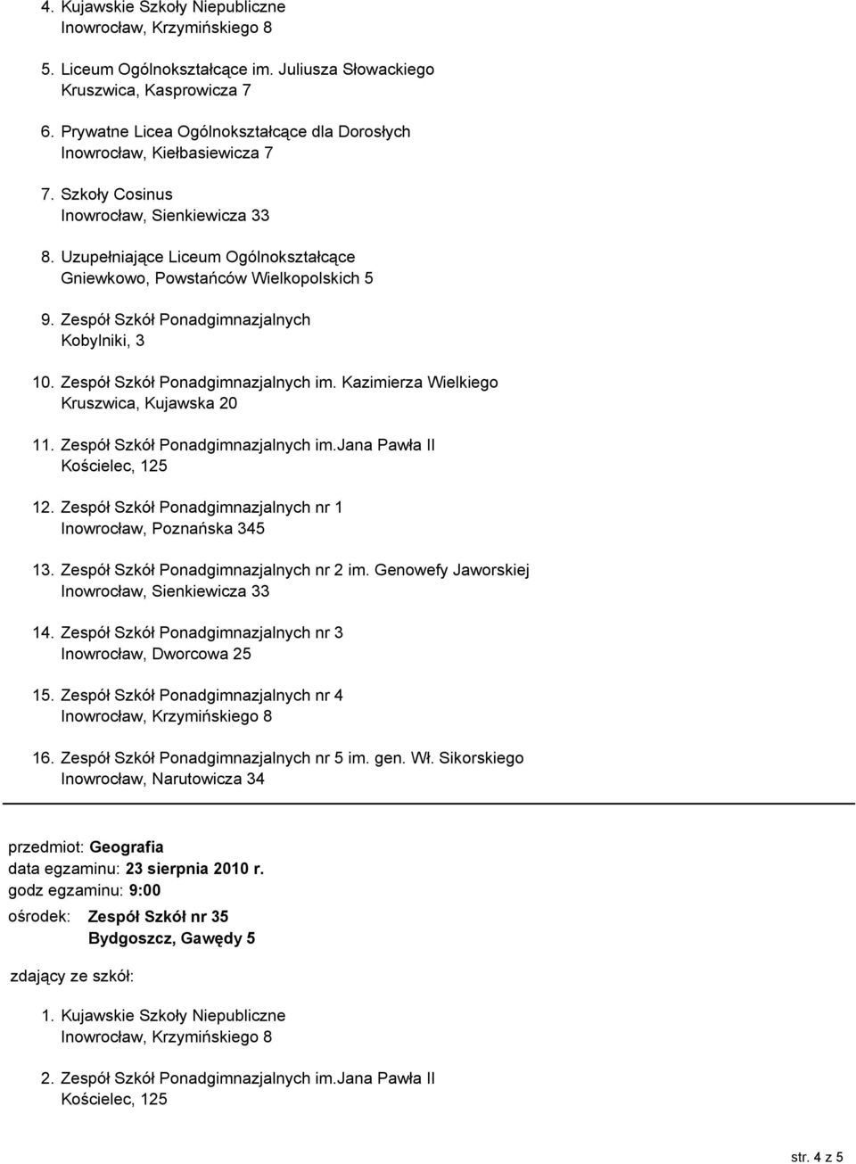 Zespół Szkół Ponadgimnazjalnych im.jana Pawła II 12. Zespół Szkół Ponadgimnazjalnych nr 1 13. Zespół Szkół Ponadgimnazjalnych nr 2 im. Genowefy Jaworskiej 14.