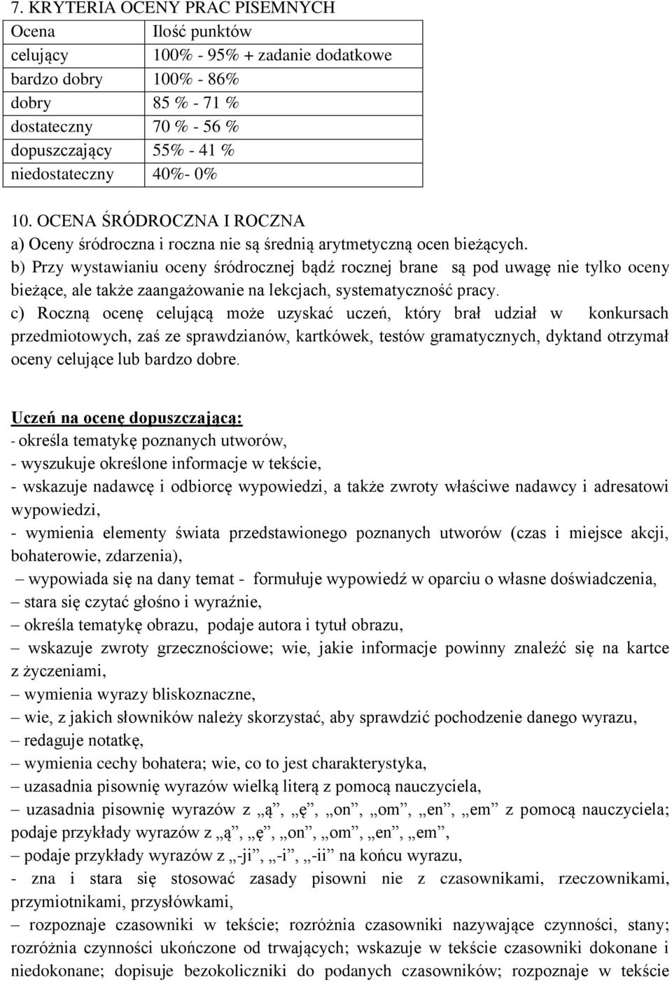 b) Przy wystawianiu oceny śródrocznej bądź rocznej brane są pod uwagę nie tylko oceny bieżące, ale także zaangażowanie na lekcjach, systematyczność pracy.