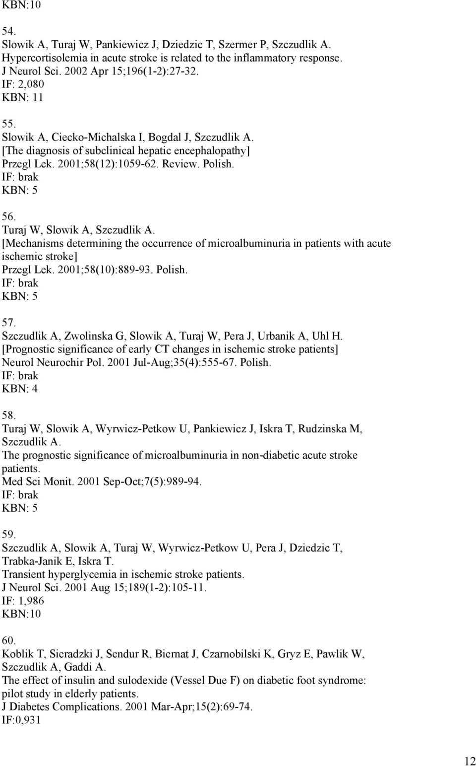 Turaj W, Slowik A, Szczudlik A. [Mechanisms determining the occurrence of microalbuminuria in patients with acute ischemic stroke] Przegl Lek. 2001;58(10):889-93. Polish. 57.