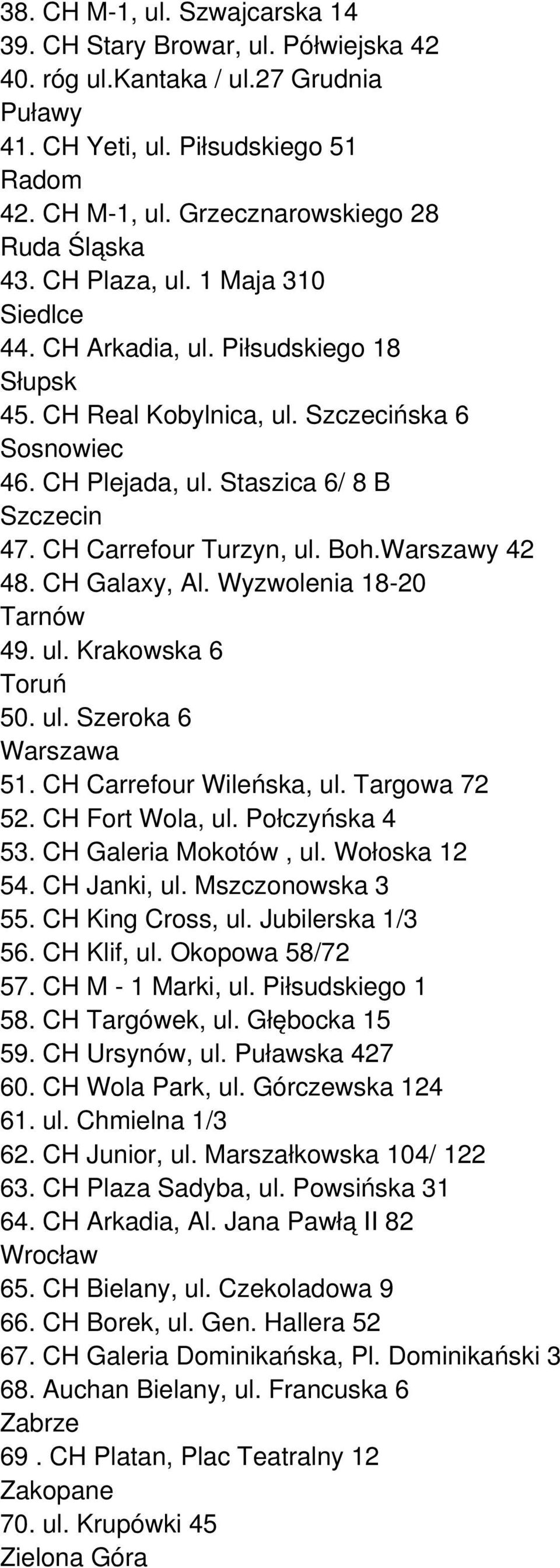 Boh.Warszawy 42 48. CH Galaxy, Al. Wyzwolenia 18-20 Tarnów 49. ul. Krakowska 6 Toruń 50. ul. Szeroka 6 Warszawa 51. CH Carrefour Wileńska, ul. Targowa 72 52. CH Fort Wola, ul. Połczyńska 4 53.