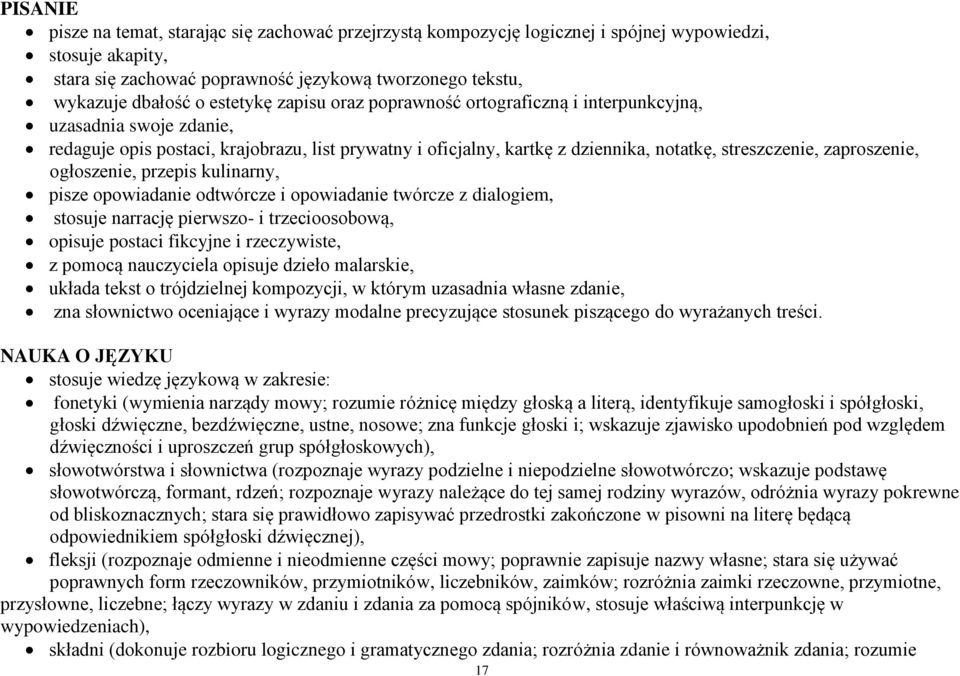 zaproszenie, ogłoszenie, przepis kulinarny, pisze opowiadanie odtwórcze i opowiadanie twórcze z dialogiem, stosuje narrację pierwszo- i trzecioosobową, opisuje postaci fikcyjne i rzeczywiste, z