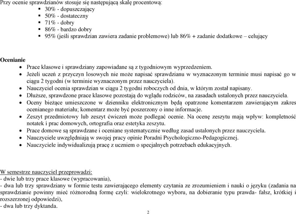 Jeżeli uczeń z przyczyn losowych nie może napisać sprawdzianu w wyznaczonym terminie musi napisać go w ciągu 2 tygodni (w terminie wyznaczonym przez nauczyciela).