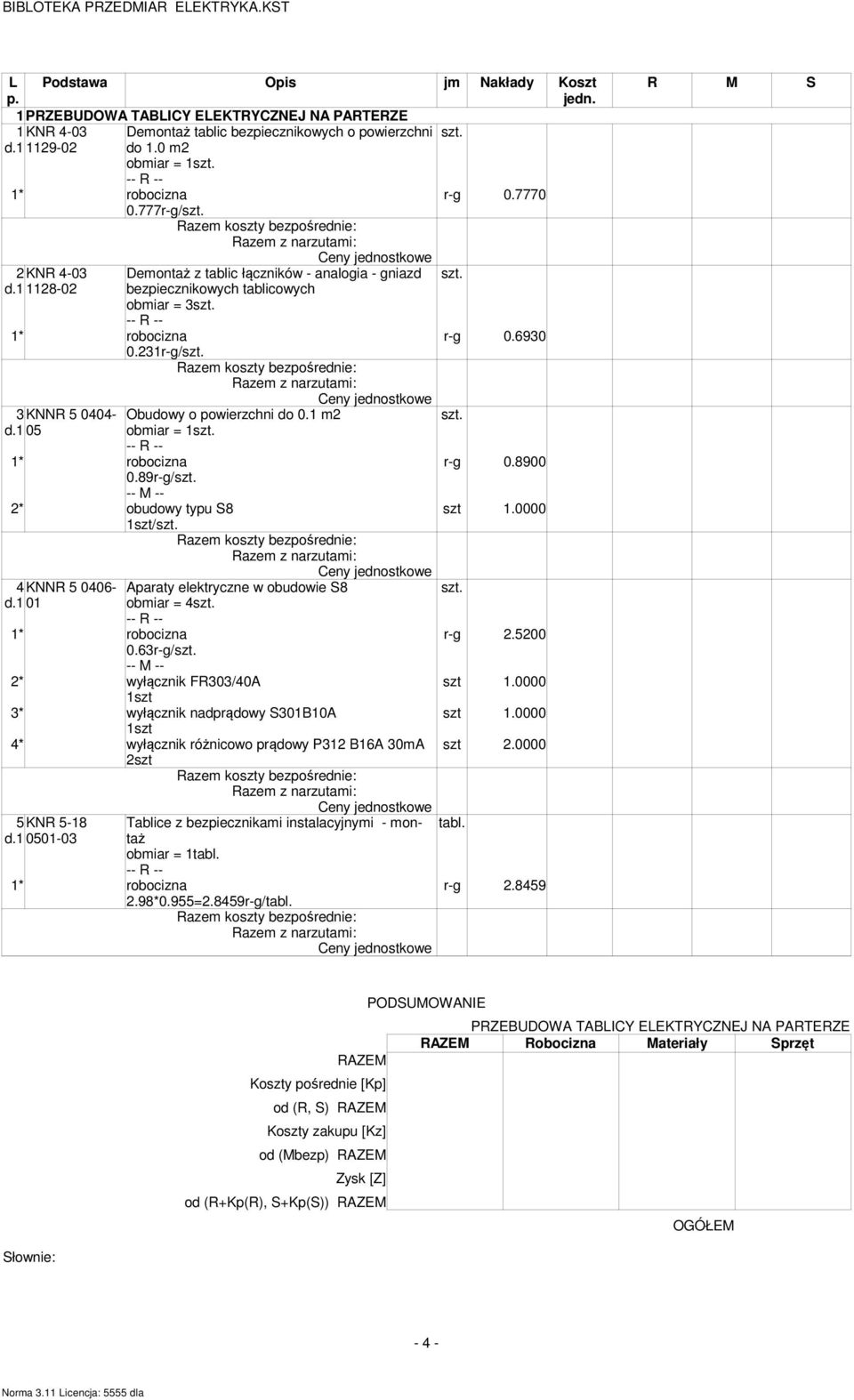 1 m2 d.1 05 obmiar = 1 1* robocizna r-g 0.8900 0.89r-g/ 2* obudowy typu S8 szt 1.0000 1szt/ 4 KNNR 5 0406- Aparaty elektryczne w obudowie S8 d.1 01 obmiar = 4 1* robocizna r-g 2.5200 0.