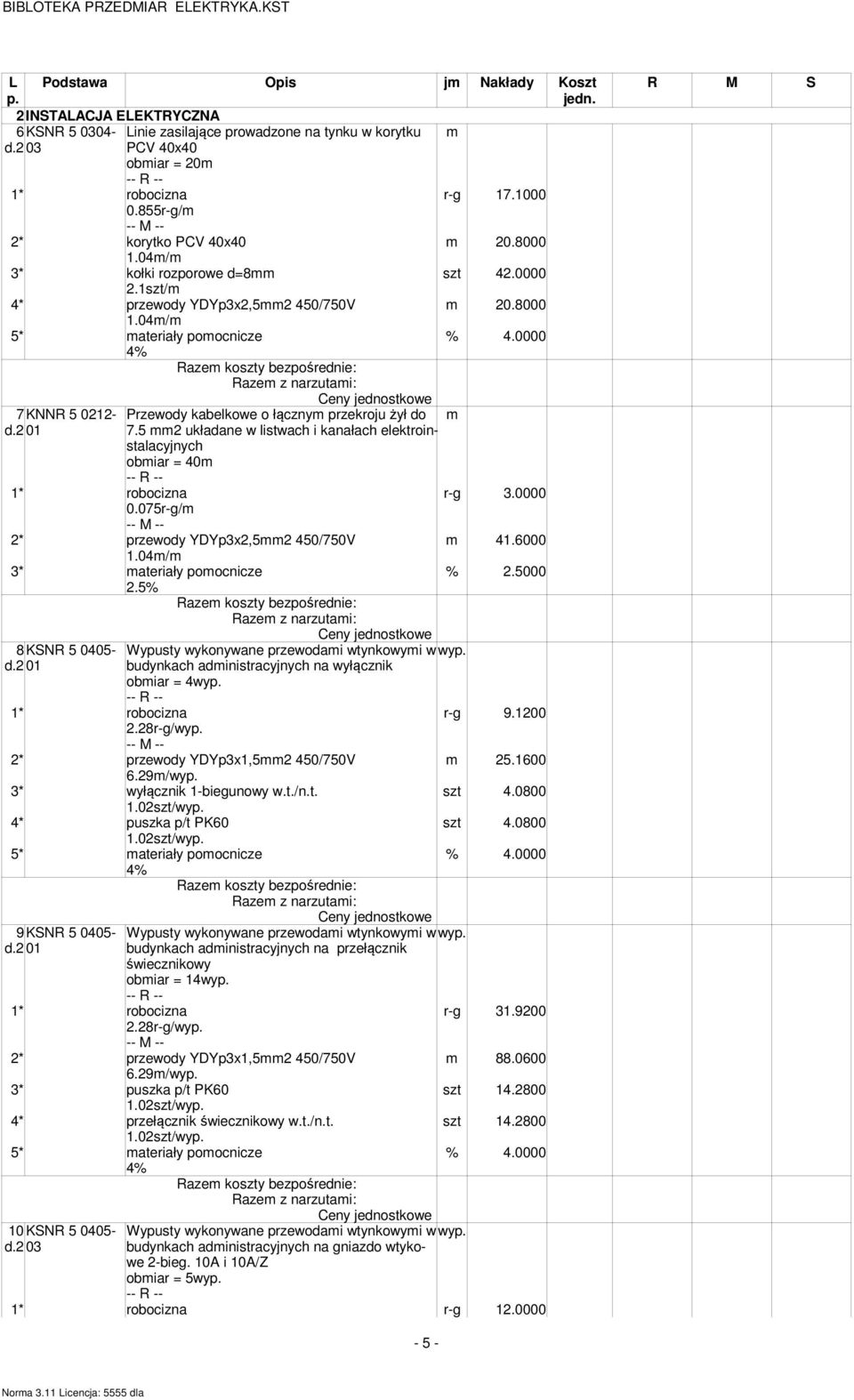 0000 4% 7 KNNR 5 0212- Przewody kabelkowe o łącznym przekroju żył do m d.2 01 7.5 mm2 układane w listwach i kanałach elektroinstalacyjnych obmiar = 40m 1* robocizna r-g 3.0000 0.