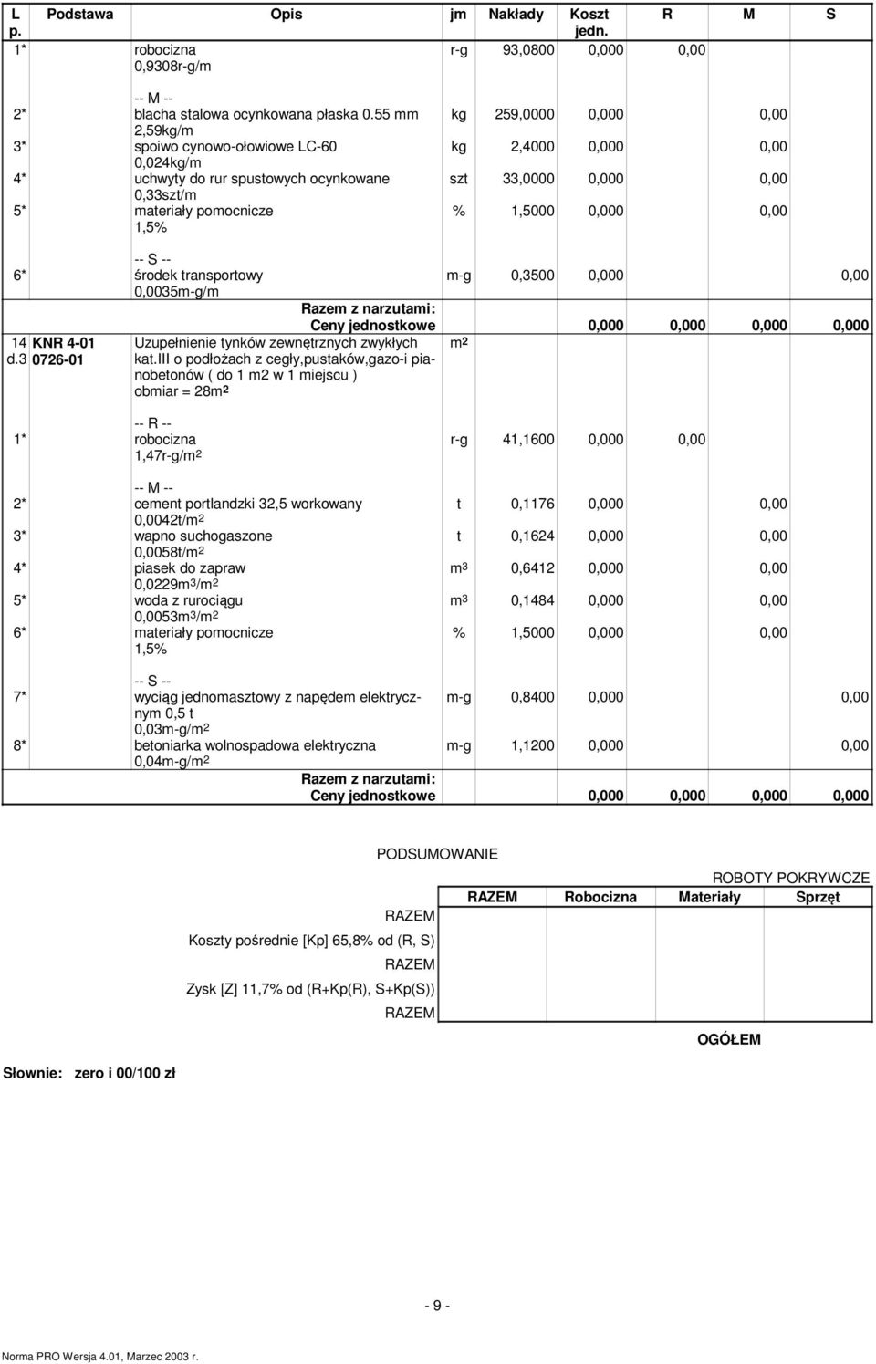 1,5000 0,000 0,00 -- S -- 6* środek transportowy 0,0035-g/ 14 KNR 4-01 d.3 0726-01 Uzupełnienie tynków zewnętrznych zwykłych kat.