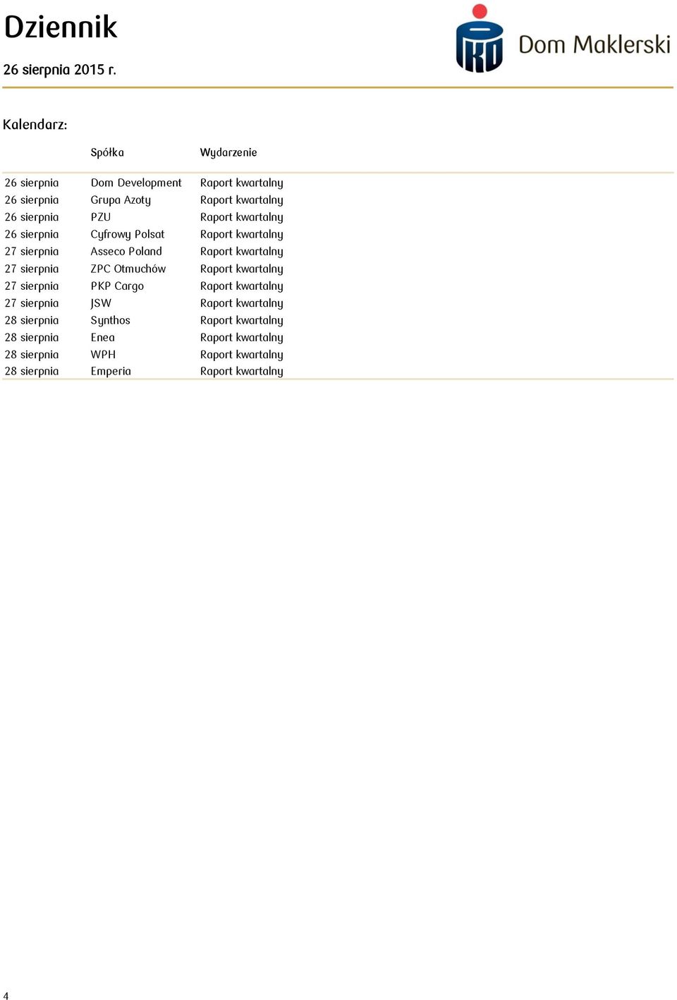 sierpnia ZPC Otmuchów Raport kwartalny 27 sierpnia PKP Cargo Raport kwartalny 27 sierpnia JSW Raport kwartalny 28 sierpnia