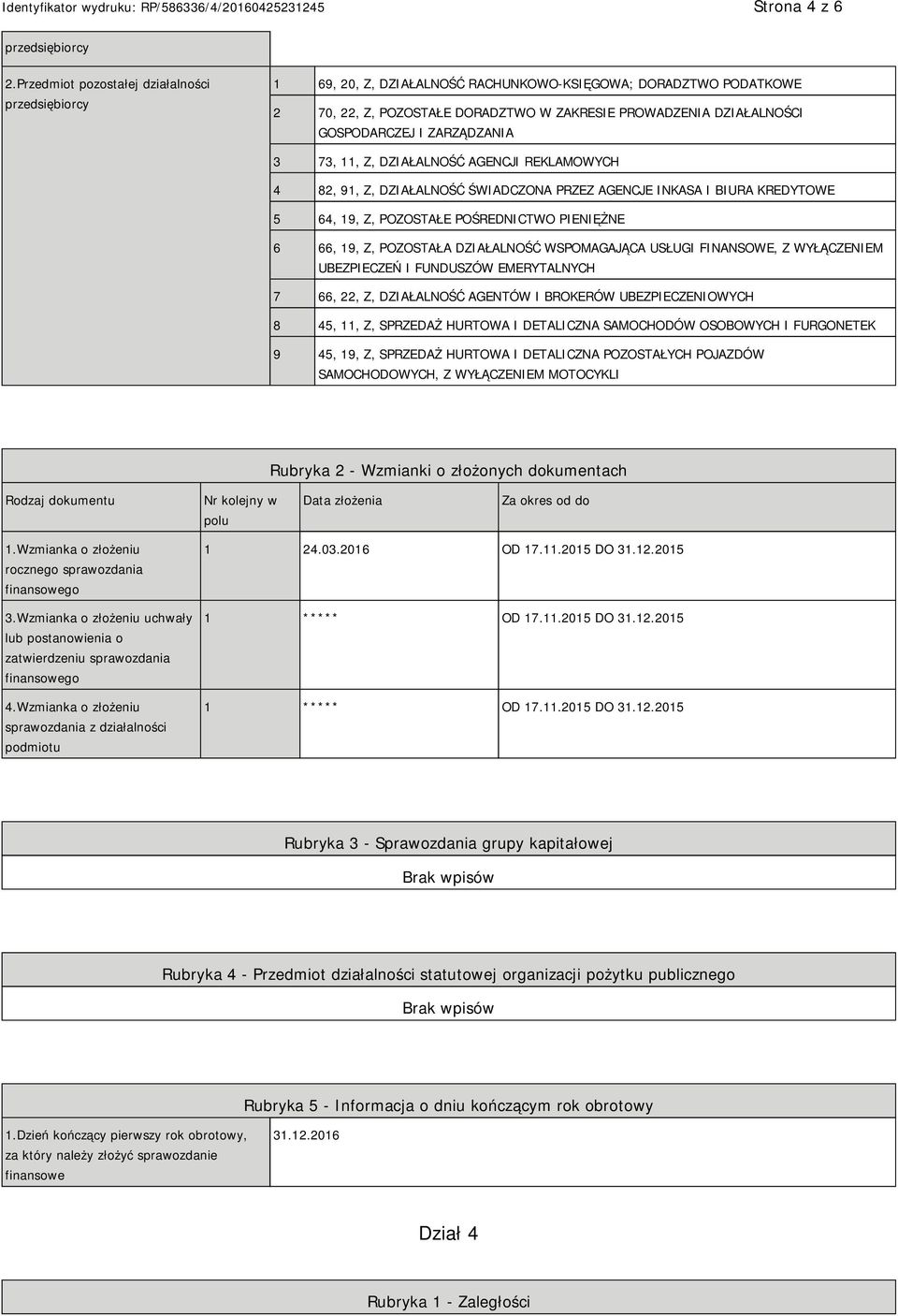 ZARZĄDZANIA 3 73, 11, Z, DZIAŁALNOŚĆ AGENCJI REKLAMOWYCH 4 82, 91, Z, DZIAŁALNOŚĆ ŚWIADCZONA PRZEZ AGENCJE INKASA I BIURA KREDYTOWE 5 64, 19, Z, POZOSTAŁE POŚREDNICTWO PIENIĘŻNE 6 66, 19, Z,