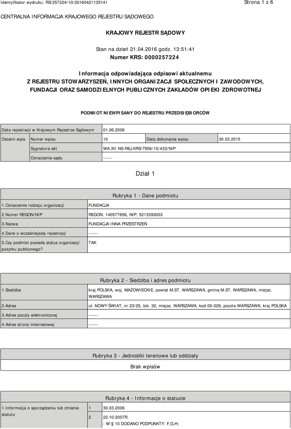 OPIEKI ZDROWOTNEJ PODMIOT NIEWPISANY DO REJESTRU PRZEDSIĘBIORCÓW Data rejestracji w Krajowym Rejestrze Sądowym 01.06.2006 Ostatni wpis Numer wpisu 10 Data dokonania wpisu 30.03.2015 Sygnatura akt WA.