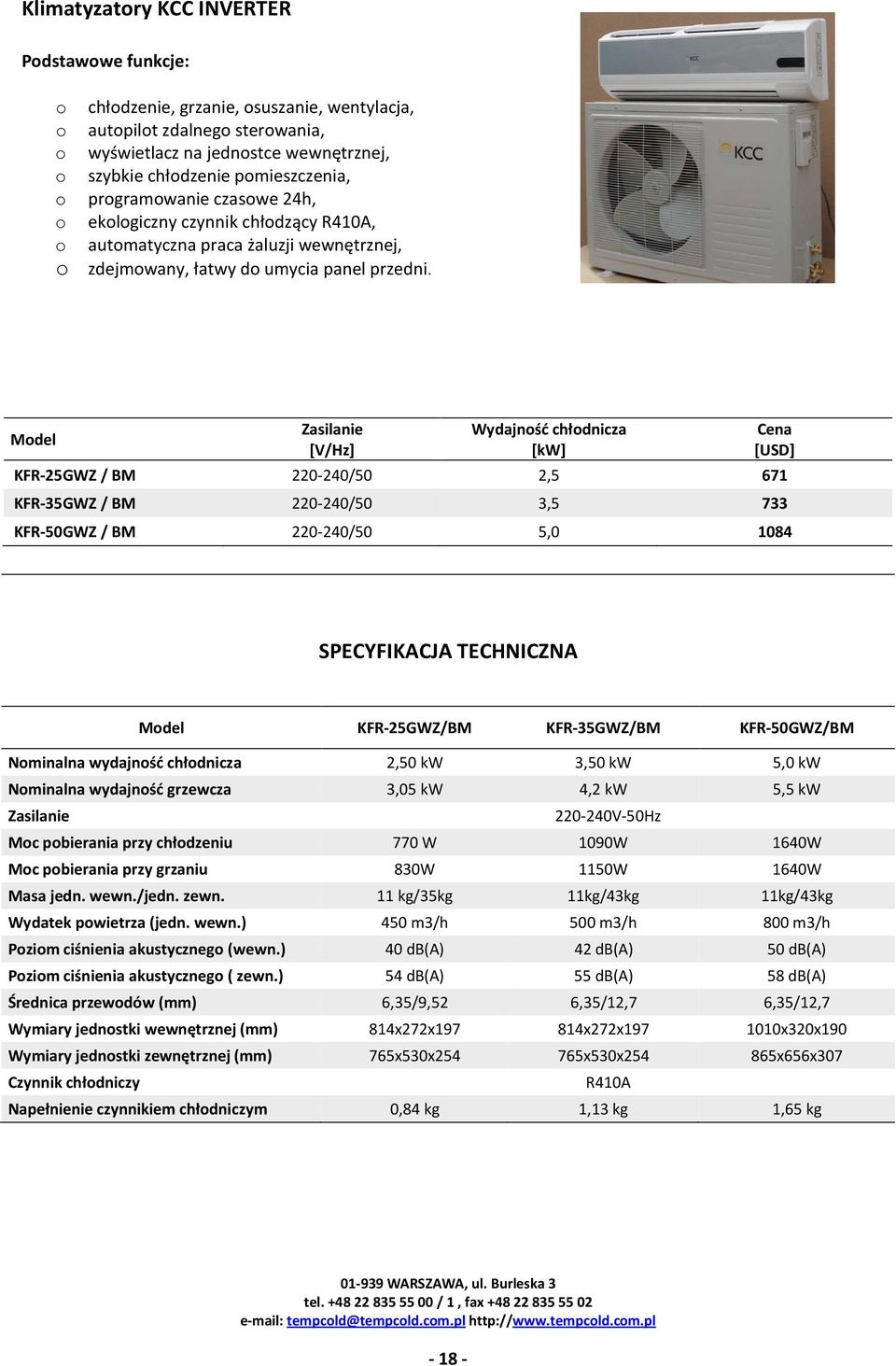 Zasilanie [V/Hz] Wydajność chłodnicza [kw] KFR-25GWZ / BM 220-240/50 2,5 671 KFR-35GWZ / BM 220-240/50 3,5 733 [USD] KFR-50GWZ / BM 220-240/50 5,0 1084 SPECYFIKACJA TECHNICZNA KFR-25GWZ/BM