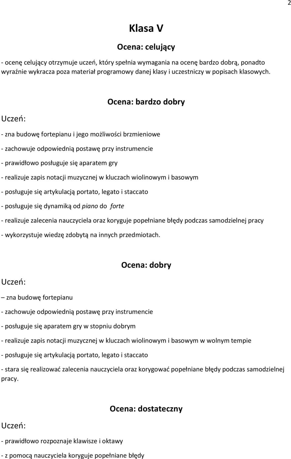 Ocena: bardzo dobry - zna budowę fortepianu i jego możliwości brzmieniowe - prawidłowo posługuje się aparatem gry - realizuje zapis notacji muzycznej w kluczach wiolinowym i basowym - posługuje się