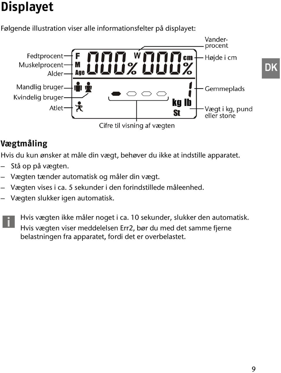 5 sekunder i den forindstillede måleenhed. Vægten slukker igen automatisk. Hvis vægten ikke måler noget i ca.