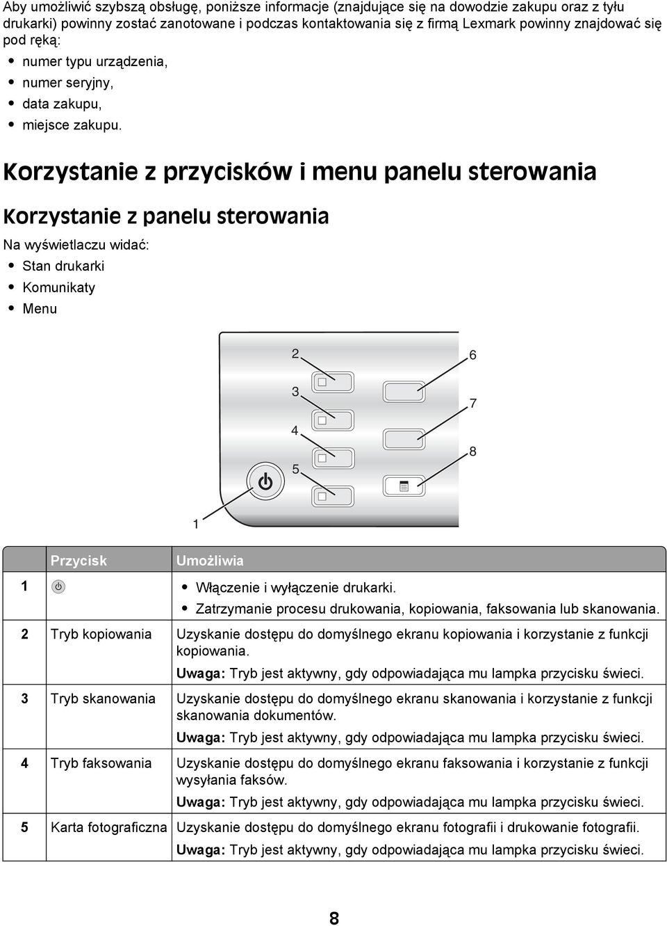 Korzystanie z przycisków i menu panelu sterowania Korzystanie z panelu sterowania Na wyświetlaczu widać: Stan drukarki Komunikaty Menu 2 3 4 5 6 7 8 1 Przycisk Umożliwia 1 Włączenie i wyłączenie